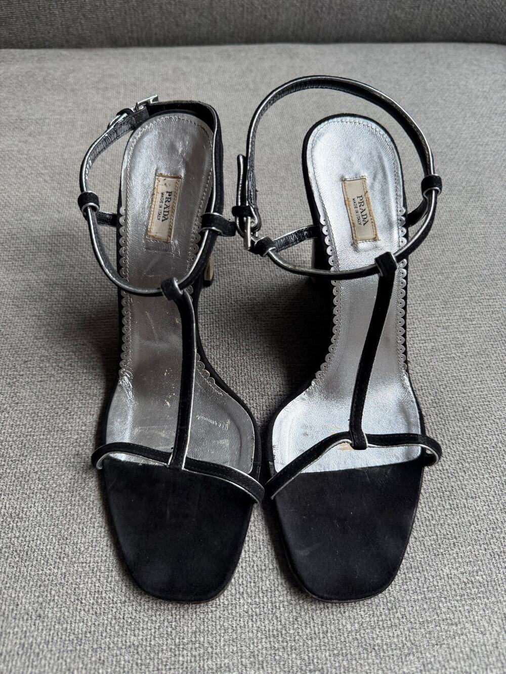 Vintage Prada Y2K Black Silver Trim T-strap Wedge Sandal Women's Sz 36.5 - 6.5